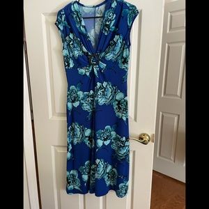 blue flowered V neck dress